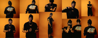 Collage af en mandlig model, der poserer foran en orange baggrund i forskellige vinkler, iført en sort Everlast-langærmet T-shirt med fed orange "EVERLAST"-tekst på ærmerne og et stort "45"-motiv på ryggen. Modellen bærer sorte shorts, en hue og en guldkæde, hvilket fremhæver T-shirtens streetwear-stil og grafiske detaljer fra alle vinkler.