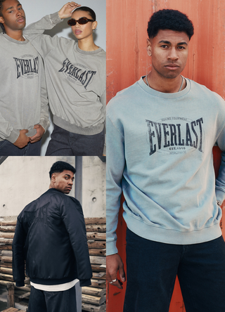 Tre billeder af modeller iført Everlast streetwear: grå og sandfarvede sweatshirts med logo, sort bomberjakke og casual bukser – vist i urbane omgivelser.