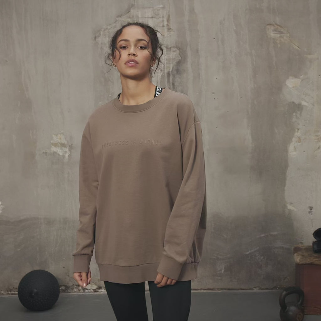 Everlast® Sport EVERLAST Womens Oversized Greatness Is Within Crew Sweat Sweatshirt Sand